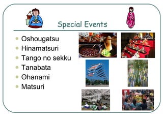 Special Events Oshougatsu Hinamatsuri Tango no sekku Tanabata Ohanami Matsuri 