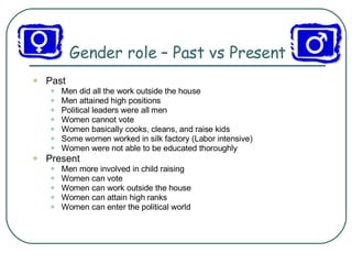 Gender role – Past vs Present Past Men did all the work outside the house Men attained high positions Political leaders were all men Women cannot vote Women basically cooks, cleans, and raise kids Some women worked in silk factory (Labor intensive) Women were not able to be educated thoroughly Present Men more involved in child raising Women can vote Women can work outside the house Women can attain high ranks Women can enter the political world 