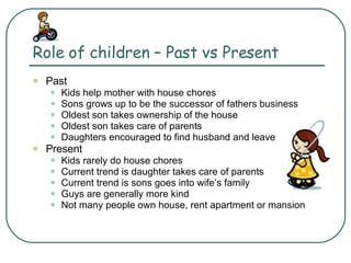 Role of children – Past vs Present Past Kids help mother with house chores Sons grows up to be the successor of fathers business Oldest son takes ownership of the house Oldest son takes care of parents Daughters encouraged to find husband and leave Present Kids rarely do house chores Current trend is daughter takes care of parents Current trend is sons goes into wife’s family Guys are generally more kind Not many people own house, rent apartment or mansion 