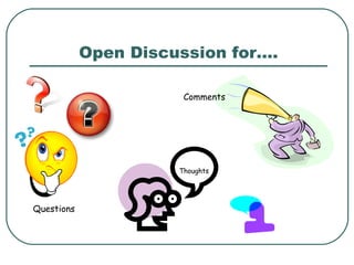 Open Discussion for…. Questions Comments Thoughts 