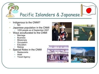 Pacific Islanders & Japanese Indigenous to the CNMI? NO Japanese population in the CNMI 1205 people as of September 2007 Ways acculturated to the CNMI Marriage Business Missionary Occupation Education Retiree Special Roles in the CNMI Restaurants Hotel Travel Agency 