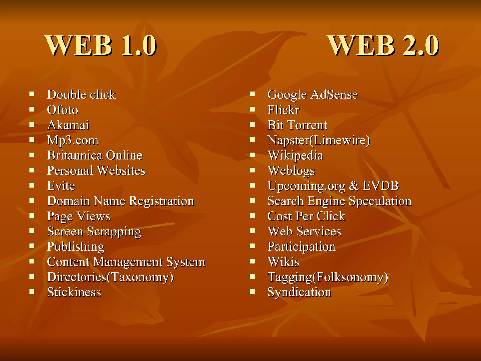 WEB 1.0  WEB 2.0 Double click Ofoto Akamai Mp3.com Britannica Online Personal Websites Evite Domain Name Registration Page Views Screen Scrapping Publishing Content Management System Directories(Taxonomy) Stickiness Google AdSense Flickr Bit Torrent Napster(Limewire) Wikipedia Weblogs Upcoming.org & EVDB Search Engine Speculation Cost Per Click Web Services Participation Wikis Tagging(Folksonomy) Syndication 