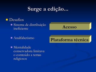 Surge a edição... Desafios Sistema de distribuição ineficiente Analfabetismo Mentalidade conservadora limitava o conteúdo a temas religiosos Acesso Plataforma técnica 