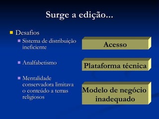 Surge a edição... Desafios Sistema de distribuição ineficiente Analfabetismo Mentalidade conservadora limitava o conteúdo a temas religiosos Acesso Plataforma técnica Modelo de negócio  inadequado 