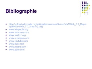 Bibliographie http://upload.wikimedia.org/wikipedia/commons/thumb/a/a7/Web_2.0_Map.svg/800px-Web_2.0_Map.svg.png www.wikipedia.org www.facebook.com www.studivz.org www.myspace.com www.youtube.com www.flickr.com www.zotero.com www.zoho.com