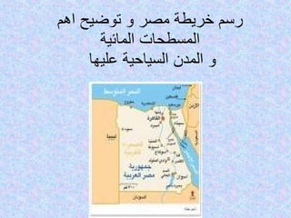 رسم خريطة مصر و توضيح اهم المسطحات المائية و المدن السياحية عليها  