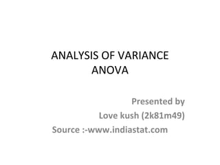 ANALYSIS OF VARIANCE ANOVA Presented by Love kush (2k81m49) Source :-www.indiastat.com 