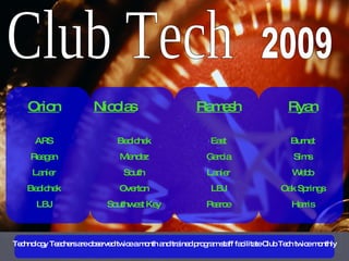 Club Tech 2009 Orion ARS Reagan Lanier Bedichek LBJ Nicolas Bedichek Mendez South Overton Southwest Key Ramesh East Garcia Lanier LBJ Pearce Ryan Burnet Sims Webb Oak Springs Harris Technology Teachers are observed twice a month and trained program staff facilitate Club Tech twice monthly 