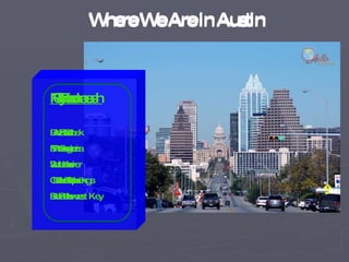 Where We Are in Austin Where We Are in Austin Nicolas Bedichek Mendez South Overton Southwest Key Ryan Burnet Sims Webb Oak Springs Harris Ramesh East Garcia Lanier LBJ Pearce Orion ARS Reagan Lanier Bedichek LBJ 