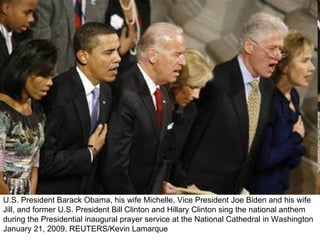 U.S. President Barack Obama, his wife Michelle, Vice President Joe Biden and his wife Jill, and former U.S. President Bill Clinton and Hillary Clinton sing the national anthem during the Presidential inaugural prayer service at the National Cathedral in Washington January 21, 2009. REUTERS/Kevin Lamarque  