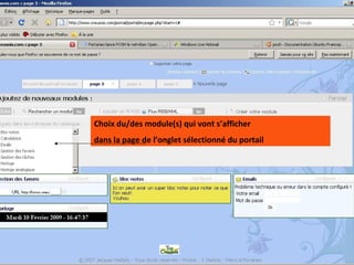Choix du/des module(s) qui vont s’afficher  dans la page de l’onglet sélectionné du portail 