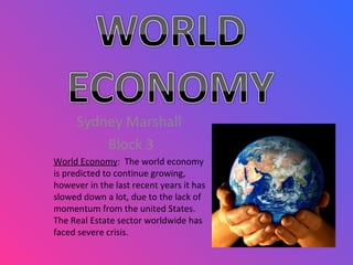 Sydney Marshall  Block 3 World Economy :  The world economy is predicted to continue growing, however in the last recent years it has slowed down a lot, due to the lack of momentum from the united States. The Real Estate sector worldwide has faced severe crisis.  
