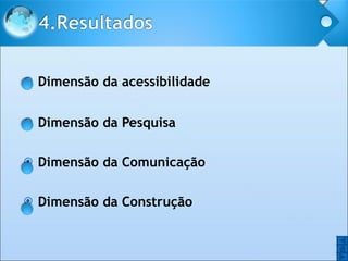 Dimensão da acessibilidade Dimensão da Pesquisa Dimensão da Comunicação Dimensão da Construção O O 