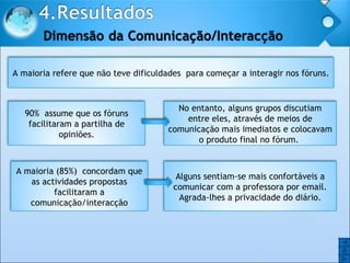 O O A maioria refere que não teve dificuldades  para começar a interagir nos fóruns. 90%  assume que os fóruns facilitaram a partilha de opiniões. No entanto, alguns grupos discutiam entre eles, através de meios de comunicação mais imediatos e colocavam o produto final no fórum.  A maioria (85%)  concordam que as actividades propostas facilitaram a comunicação/interacção Alguns sentiam-se mais confortáveis a comunicar com a professora por email. Agrada-lhes a privacidade do diário. 