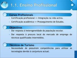 Certificação profissional => Integração na vida activa. Certificação académica => Prosseguimento de Estudos. Dar resposta à heterogeneidade da população escolar. Dar resposta à procura local do mercado de emprego de técnicos qualificados intermédios. Necessidade de possuírem competências para utilizar as tecnologias devido à conjuntura actual. O O Cursos Profissionais Objectivos Técnicos de Turismo 