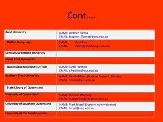 Cont….
Bond University                     NAME: Stephen Tonna
                                    EMAIL: Stephen_Tonna@bond.edu.au
 Griffith University                NAME:       Paul Kirn
                                    EMAIL:      P.Kirn@mailbox.gu.edu.au

Central Queensland University

James Cook University

 Queensland University Of Tech      NAME: Sarah Fredline
                                    EMAIL: s.fredline@qut.edu.au
Southern Cross University           NAME: Neville Moon (Systems Support, Library)
                                    EMAIL: nmoon@scu.edu.au

 State Library of Queensland
University of Queensland            NAME: Michael Manning
                                    EMAIL: m.manning@library.uq.edu.au
University of Southern Queensland   NAME: Mark Bizzell (Systems Administrator)
                                    EMAIL: bizzell@usq.edu.au
University of the Sunshine Coast
 