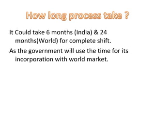It Could take 6 months (India) & 24 months(World) for complete shift.  As the government will use the time for its incorporation with world market. 