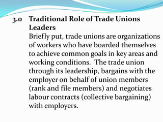 2.2	Responses of Trade Unions to 	concessioning exercise	Trade unions under this democratic dispensation have to a large extent been able to hold their own.  This is manifestedin their willingness to engage management	and the government in dialogue.	This has been mainly in the direction of painstakingly fighting for their welfare and conditions of service. 