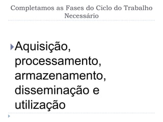 Completamos as Fases do Ciclo do Trabalho
              Necessário



Aquisição,
 processamento,
 armazenamento,
 disseminação e
 utilização
 