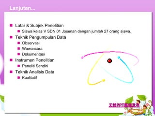 Lanjutan...


 Latar & Subjek Penelitian
    Siswa kelas V SDN 01 Josenan dengan jumlah 27 orang siswa.
 Teknik Pengumpulan Data
    Observasi
    Wawancara
    Dokumentasi
 Instrumen Penelitian
    Peneliti Sendiri
 Teknik Analisis Data
    Kualitatif
 