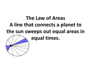 The Law of Areas
 A line that connects a planet to
the sun sweeps out equal areas in
           equal times.
 