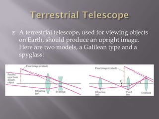    A terrestrial telescope, used for viewing objects
    on Earth, should produce an upright image.
    Here are two models, a Galilean type and a
    spyglass:
 