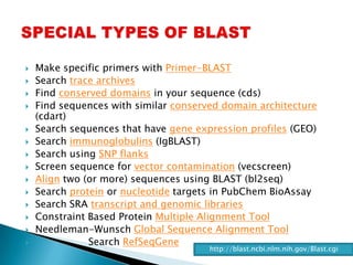    Make specific primers with Primer-BLAST
   Search trace archives
   Find conserved domains in your sequence (cds)
   Find sequences with similar conserved domain architecture
    (cdart)
   Search sequences that have gene expression profiles (GEO)
   Search immunoglobulins (IgBLAST)
   Search using SNP flanks
   Screen sequence for vector contamination (vecscreen)
   Align two (or more) sequences using BLAST (bl2seq)
   Search protein or nucleotide targets in PubChem BioAssay
   Search SRA transcript and genomic libraries
   Constraint Based Protein Multiple Alignment Tool
   Needleman-Wunsch Global Sequence Alignment Tool
              Search RefSeqGene
                                       http://blast.ncbi.nlm.nih.gov/Blast.cgi
 