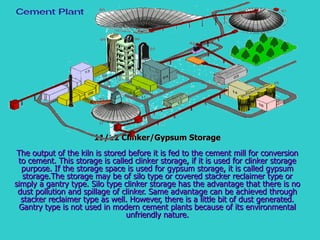 11/12 Clinker/Gypsum Storage The output of the kiln is stored before it is fed to the cement mill for conversion to cement. This storage is called clinker storage, if it is used for clinker storage purpose. If the storage space is used for gypsum storage, it is called gypsum storage.The storage may be of silo type or covered stacker reclaimer type or simply a gantry type. Silo type clinker storage has the advantage that there is no dust pollution and spillage of clinker. Same advantage can be achieved through stacker reclaimer type as well. However, there is a little bit of dust generated. Gantry type is not used in modern cement plants because of its environmental unfriendly nature. 