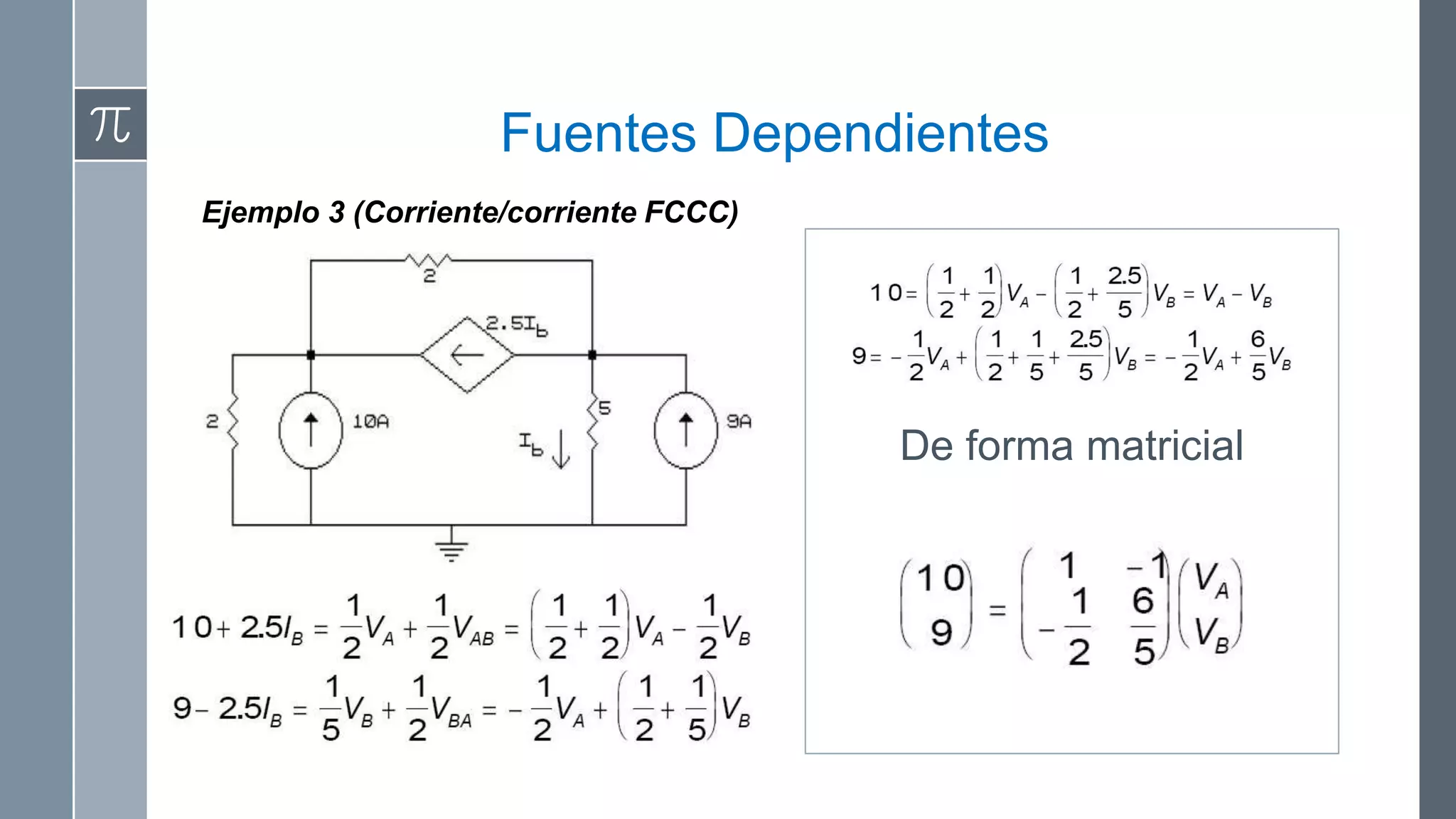 Fuentes Dependientes
Ejemplo 3 (Corriente/corriente FCCC)




                                       De forma matricial
 