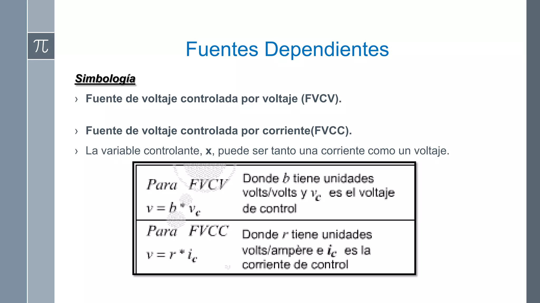 Fuentes Dependientes
Simbología
› Fuente de voltaje controlada por voltaje (FVCV).

› Fuente de voltaje controlada por corriente(FVCC).
› La variable controlante, x, puede ser tanto una corriente como un voltaje.
 