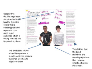 Despite this
double page been
about males it still
has the feminine
colors this is
stereotypical and
represents the
main target
audience which is
young females and
it appeals to them


                               The clothes that
     The emoticons I have
                               the band
     added in represent a
                               members are
     female audience because
                               wearing represent
     the small love hearts
                               that they are
     appeal to them
                               smart and casual
                               individuals
 