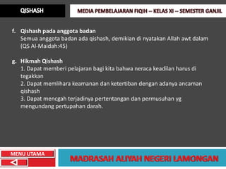 f. Qishash pada anggota badan
   Semua anggota badan ada qishash, demikian di nyatakan Allah awt dalam
   (QS Al-Maidah:45)

g. Hikmah Qishash
   1. Dapat memberi pelajaran bagi kita bahwa neraca keadilan harus di
   tegakkan
   2. Dapat memlihara keamanan dan ketertiban dengan adanya ancaman
   qishash
   3. Dapat mencgah terjadinya pertentangan dan permusuhan yg
   mengundang pertupahan darah.




MENU UTAMA
 