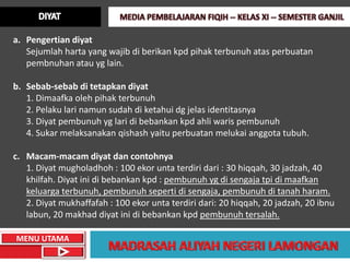 a. Pengertian diyat
   Sejumlah harta yang wajib di berikan kpd pihak terbunuh atas perbuatan
   pembnuhan atau yg lain.

b. Sebab-sebab di tetapkan diyat
   1. Dimaafka oleh pihak terbunuh
   2. Pelaku lari namun sudah di ketahui dg jelas identitasnya
   3. Diyat pembunuh yg lari di bebankan kpd ahli waris pembunuh
   4. Sukar melaksanakan qishash yaitu perbuatan melukai anggota tubuh.

c. Macam-macam diyat dan contohnya
   1. Diyat mugholadhoh : 100 ekor unta terdiri dari : 30 hiqqah, 30 jadzah, 40
   khilfah. Diyat ini di bebankan kpd : pembunuh yg di sengaja tpi di maafkan
   keluarga terbunuh, pembunuh seperti di sengaja, pembunuh di tanah haram.
   2. Diyat mukhaffafah : 100 ekor unta terdiri dari: 20 hiqqah, 20 jadzah, 20 ibnu
   labun, 20 makhad diyat ini di bebankan kpd pembunuh tersalah.

MENU UTAMA
 