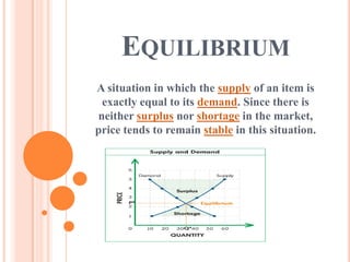 EQUILIBRIUM
A situation in which the supply of an item is
 exactly equal to its demand. Since there is
neither surplus nor shortage in the market,
price tends to remain stable in this situation.
 