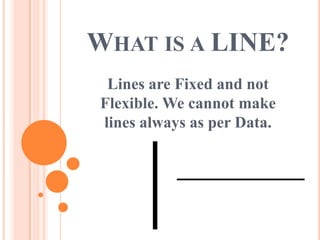 WHAT IS A LINE?
 Lines are Fixed and not
Flexible. We cannot make
lines always as per Data.
 