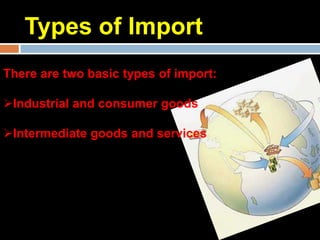 Types of Import
There are two basic types of import:

Industrial and consumer goods

Intermediate goods and services
 