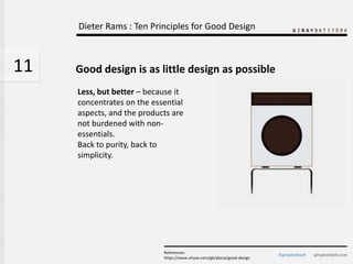 Dieter Rams : Ten Principles for Good Design



11   Good design is as little design as possible
     Less, but better – b...