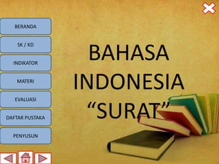 BERANDA




                   BAHASA
    SK / KD


  INDIKATOR


   MATERI


   EVALUASI
                 INDONESIA
DAFTAR PUSTAKA    “SURAT”
  PENYUSUN
 