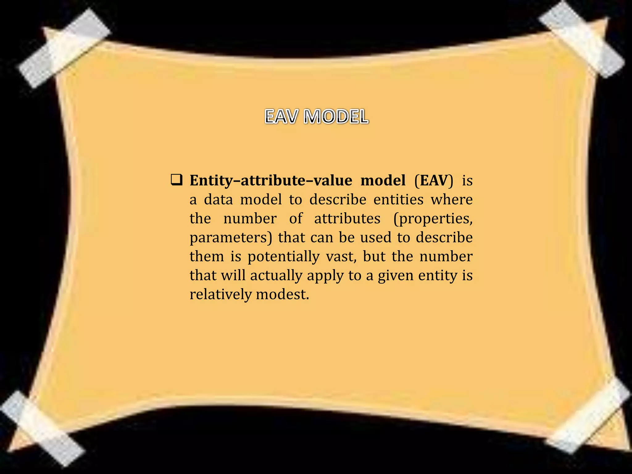  Entity–attribute–value model (EAV) is
  a data model to describe entities where
  the number of attributes (properties,
  parameters) that can be used to describe
  them is potentially vast, but the number
  that will actually apply to a given entity is
  relatively modest.
 