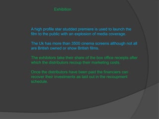 Exhibition



A high profile star studded premiere is used to launch the
film to the public with an explosion of media coverage.

The Uk has more than 3500 cinema screens although not all
are British owned or show British films.

The exhibitors take their share of the box office receipts after
which the distributors recoup their marketing costs.

Once the distributors have been paid the financiers can
recover their investments as laid out in the recoupment
schedule.
 