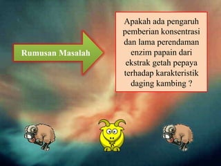 Apakah ada pengaruh
                  pemberian konsentrasi
                  dan lama perendaman
Rumusan Masalah     enzim papain dari
                   ekstrak getah pepaya
                  terhadap karakteristik
                    daging kambing ?
 