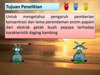 Tujuan Penelitian
Untuk mengetahui pengaruh pemberian
konsentrasi dan lama perendaman enzim papain
dari ekstrak getah buah pepaya terhadap
karakteristik daging kambing
 