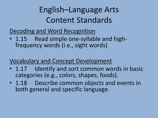 English–Language Arts
            Content Standards
Decoding and Word Recognition
• 1.15 Read simple one-syllable and high-
  frequency words (i.e., sight words)

Vocabulary and Concept Development
• 1.17 Identify and sort common words in basic
  categories (e.g., colors, shapes, foods).
• 1.18 Describe common objects and events in
  both general and specific language.
 
