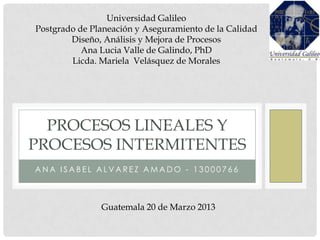 Universidad Galileo
Postgrado de Planeación y Aseguramiento de la Calidad
        Diseño, Análisis y Mejora de Procesos
           Ana Lucia Valle de Galindo, PhD
        Licda. Mariela Velásquez de Morales




  PROCESOS LINEALES Y
PROCESOS INTERMITENTES
ANA ISABEL ALVAREZ AMADO - 13000766



               Guatemala 20 de Marzo 2013
 