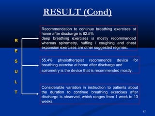 RESULT (Cond)
    Recommendation to continue breathing exercises at
    home after discharge is 82.5%
    deep breathing exercises is mostly recommended
R   whereas spirometry, huffing / coughing and chest
    expansion exercises are other suggested regimes.
E

S   55.4% physiotherapist recommends device for
    breathing exercise at home after discharge and
U   spirometry is the device that is recommended mostly.

L
    Considerable variation in instruction to patients about
T   the duration to continue breathing exercises after
    discharge is observed, which ranges from 1 week to 13
    weeks

                                                              17
 