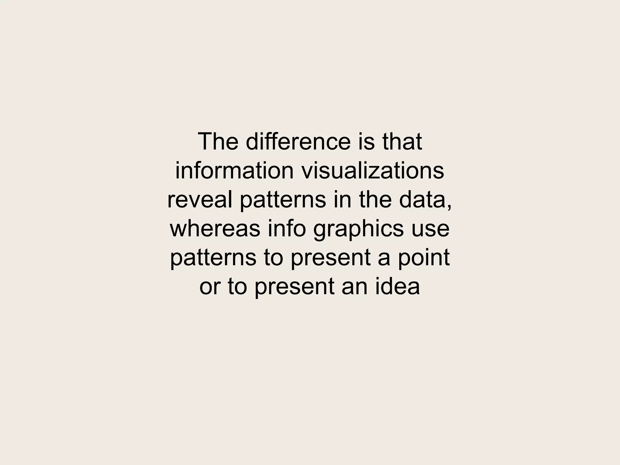 The difference is that
 information visualizations
reveal patterns in the data,
whereas info graphics use
patterns to present a point
    or to present an idea
 