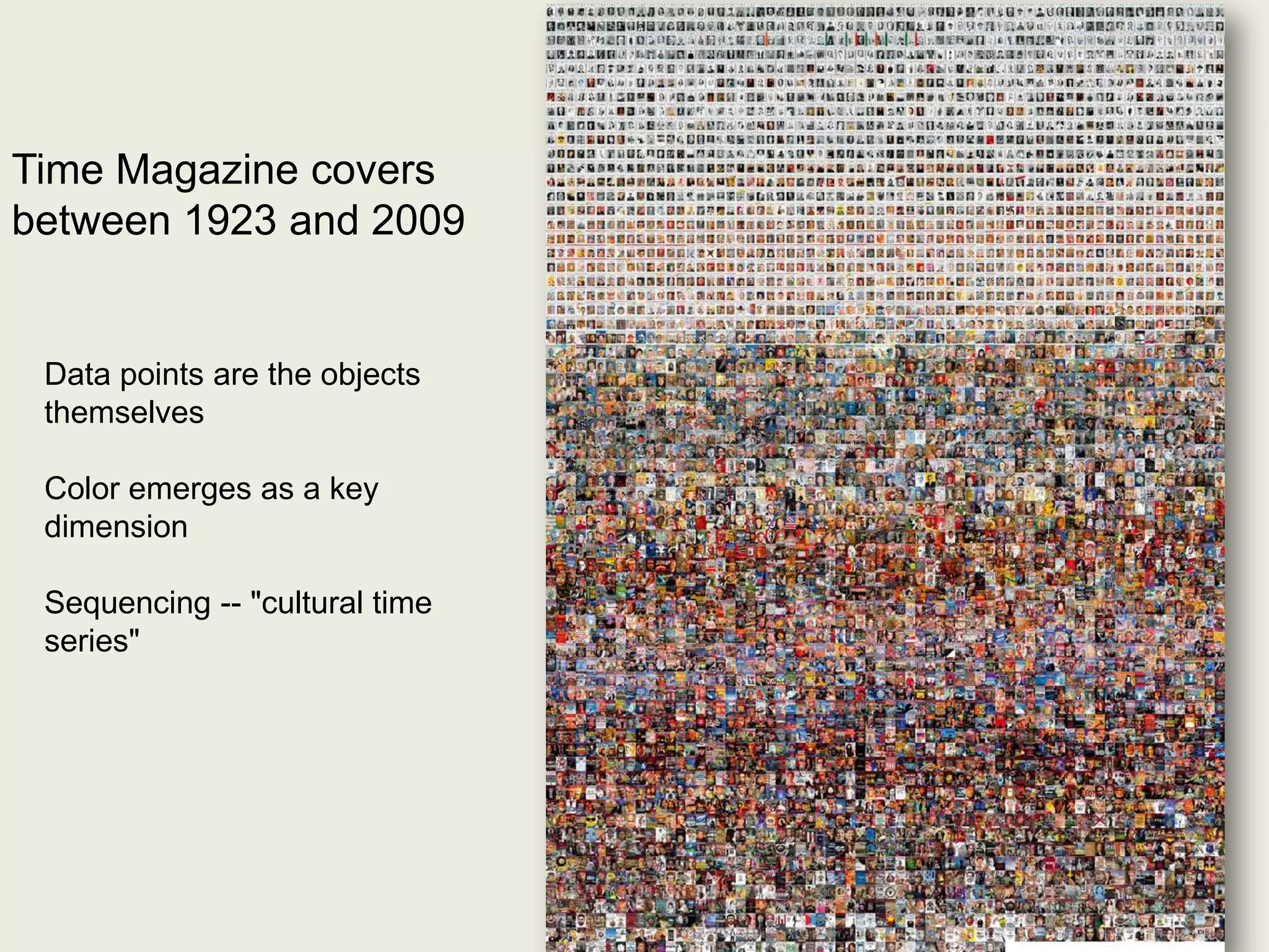 Time Magazine covers
between 1923 and 2009


 Data points are the objects
 themselves

 Color emerges as a key
 dimension

 Sequencing -- "cultural time
 series"
 
