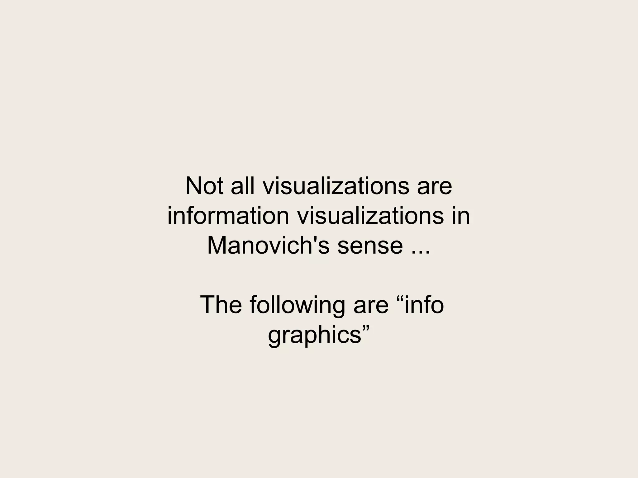 Not all visualizations are
information visualizations in
    Manovich's sense ...

   The following are ―info
         graphics‖
 