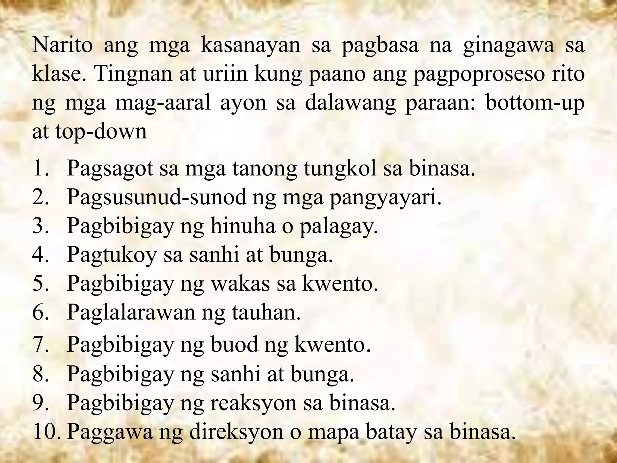 Narito ang mga kasanayan sa pagbasa na ginagawa sa
klase. Tingnan at uriin kung paano ang pagpoproseso rito
ng mga mag-aaral ayon sa dalawang paraan: bottom-up
at top-down
1. Pagsagot sa mga tanong tungkol sa binasa.
2. Pagsusunud-sunod ng mga pangyayari.
3. Pagbibigay ng hinuha o palagay.
4. Pagtukoy sa sanhi at bunga.
5. Pagbibigay ng wakas sa kwento.
6. Paglalarawan ng tauhan.
7. Pagbibigay ng buod ng kwento.
8. Pagbibigay ng sanhi at bunga.
9. Pagbibigay ng reaksyon sa binasa.
10. Paggawa ng direksyon o mapa batay sa binasa.
 