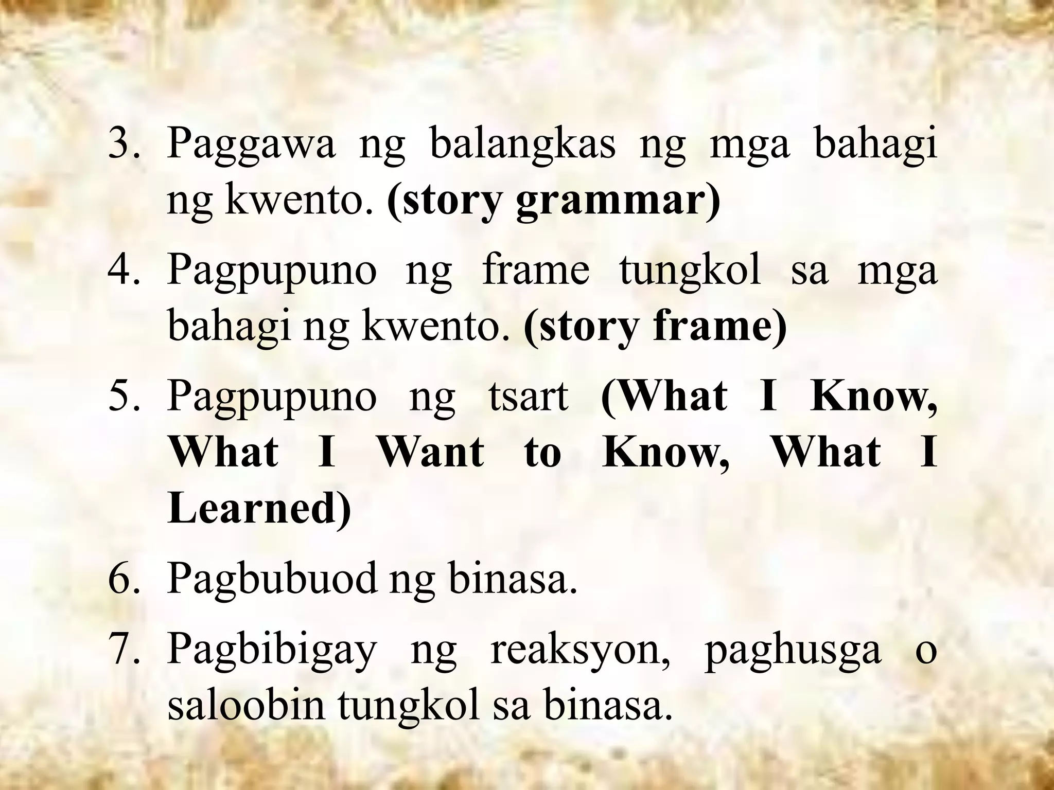 3. Paggawa ng balangkas ng mga bahagi
   ng kwento. (story grammar)
4. Pagpupuno ng frame tungkol sa mga
   bahagi ng kwento. (story frame)
5. Pagpupuno ng tsart (What I Know,
   What I Want to Know, What I
   Learned)
6. Pagbubuod ng binasa.
7. Pagbibigay ng reaksyon, paghusga o
   saloobin tungkol sa binasa.
 